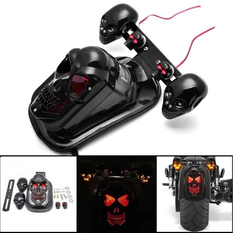 Motorcycle Skull Rear Brake Plate Tail Turn Signal Light For Harley Bobber Chopper Black