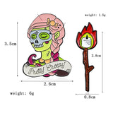 2 pieces set Enamel Brooch Pins Wearing skull mask Green Skin Girl burnt match candle Fire core needle Lapel jeans badge Jewelry