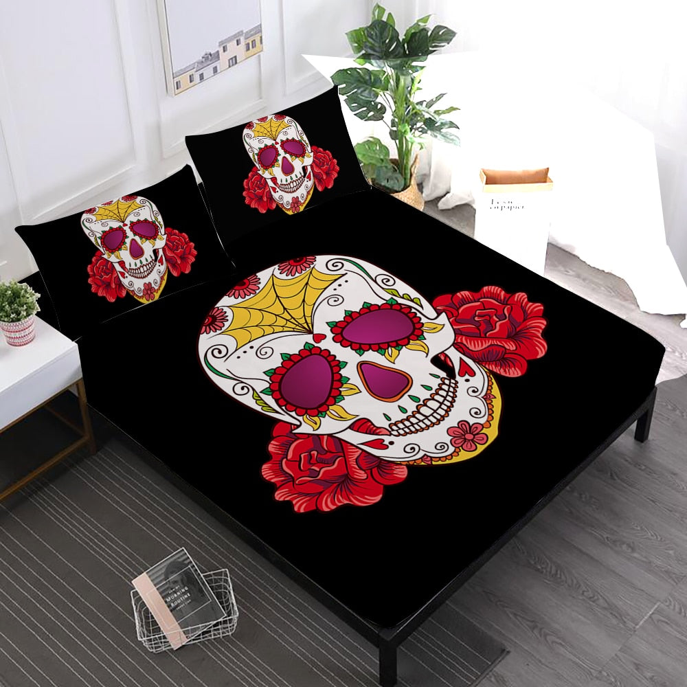Hippie Sheets Set Sugar Skull With Flowers Print Fitted Sheet skeleton Flat Sheet Pillowcase Day of the Dead Gift Home Decor D30