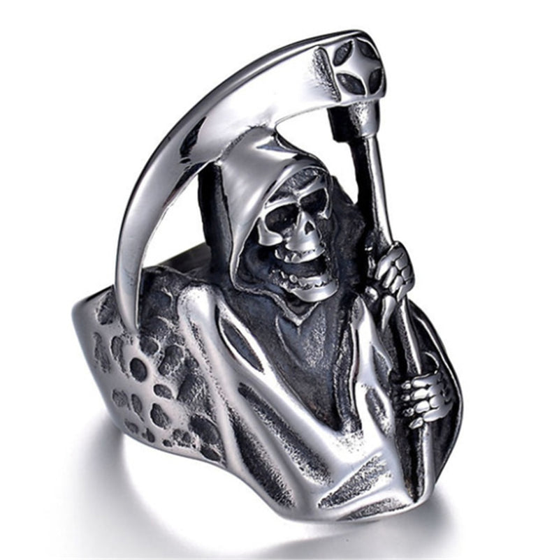 Mens Boys Vintage Rugged Skull Rings Fashion Punk Party Biker Jewelry Skull With A Sickle Ring Halloween Explosion Jewelry