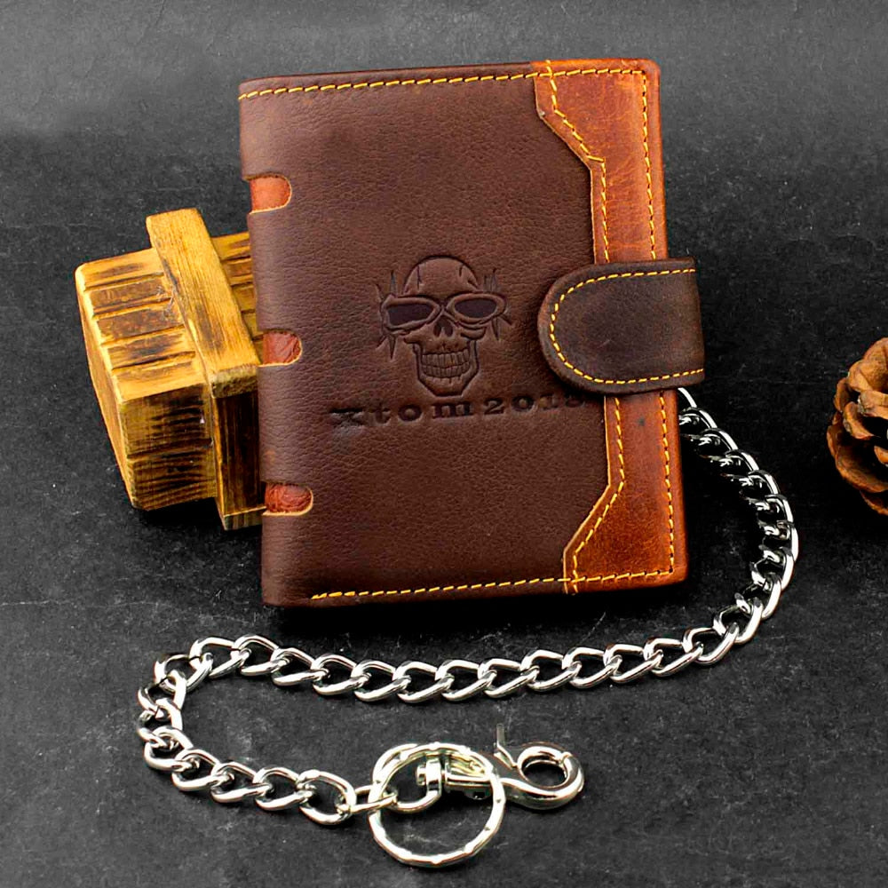 Skull Biker Hasp Genuine Leather Wallet Purse With Pants Chain