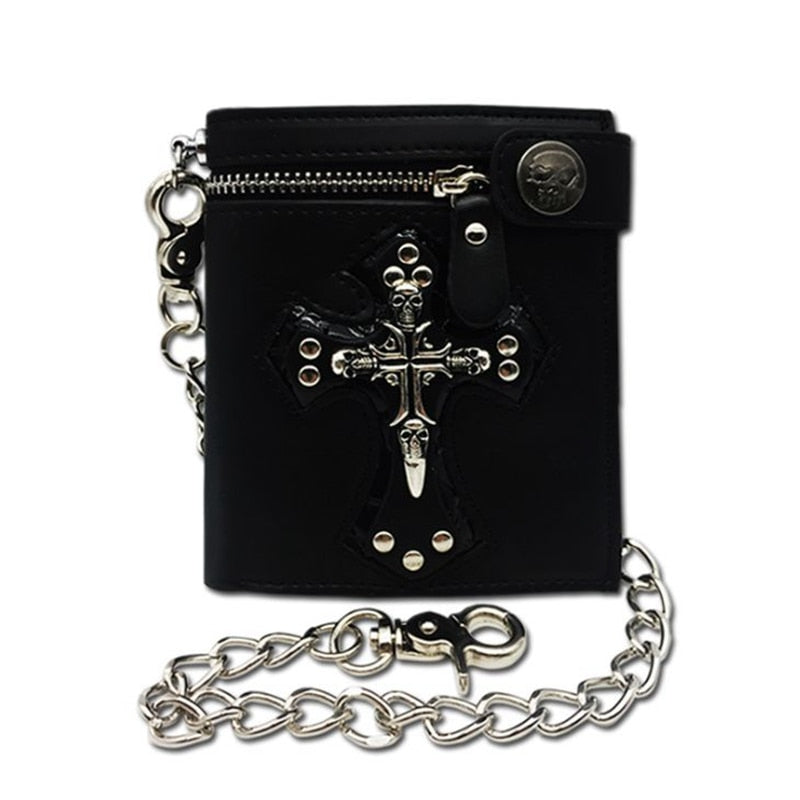 Men's Skull Head Cross Black PU Leather Biker Zipper Wallet with Long Key Chain