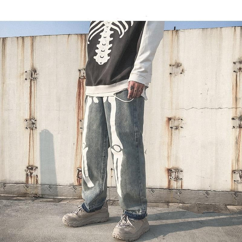 Skeleton Oversized Black Jeans  *2020 Denim Men's Streetwear  *Hip Hop Skeleton Pants  *High Waist Denim 