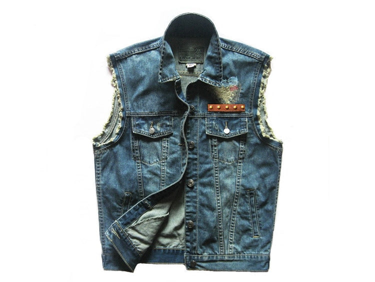 Embroidered Denim vest cowboy blue Jeans Patchwork Motorcycle Biker Jeans Sleeveless jacket punk Cowboy Fashion vest