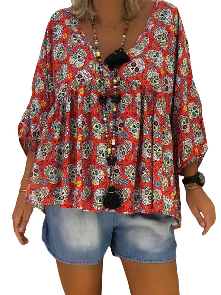 Halloween Skeleton Print V-neck Loose Blouse For Women