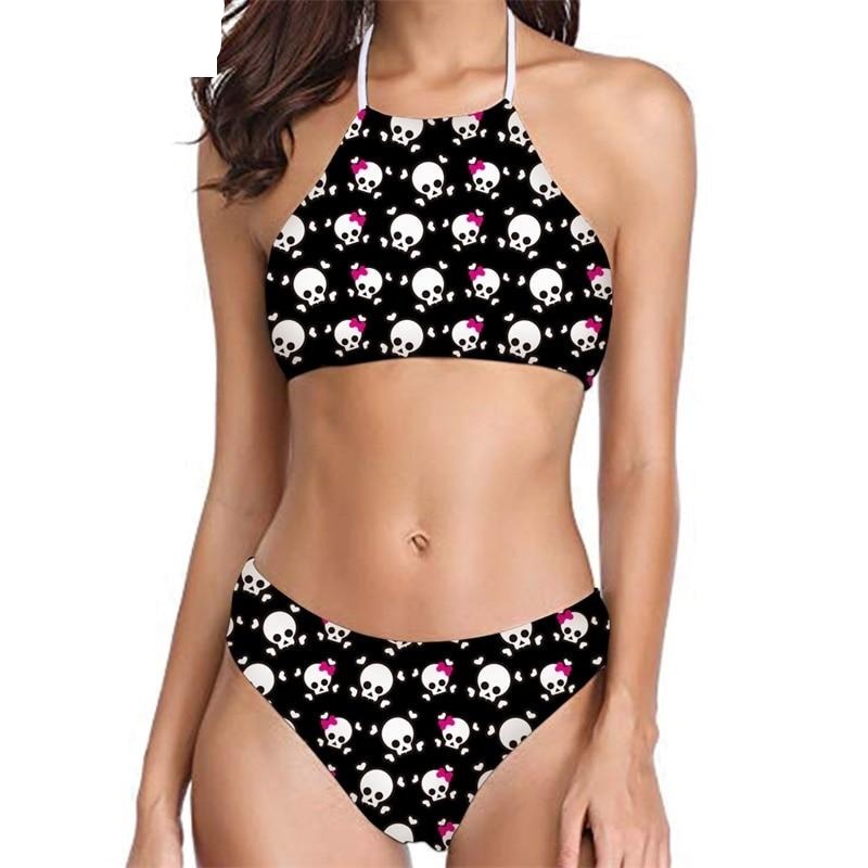 Bandage Halter-Neck Skull Print Bikini Set