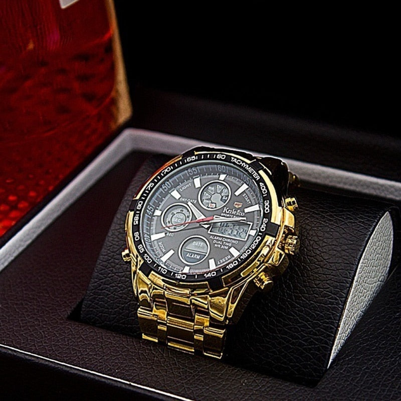 Men's Gold Skeleton Mechanical Watch Stainless Steel Metal Strap Waterproof Dual Display
