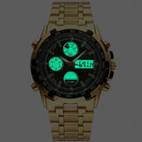 Men's Gold Skeleton Mechanical Watch Stainless Steel Metal Strap Waterproof Dual Display