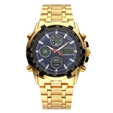 Men's Gold Skeleton Mechanical Watch Stainless Steel Metal Strap Waterproof Dual Display