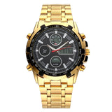 Men's Gold Skeleton Mechanical Watch Stainless Steel Metal Strap Waterproof Dual Display
