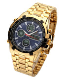 Men's Gold Skeleton Mechanical Watch Stainless Steel Metal Strap Waterproof Dual Display
