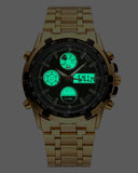 Men's Gold Skeleton Mechanical Watch Stainless Steel Metal Strap Waterproof Dual Display
