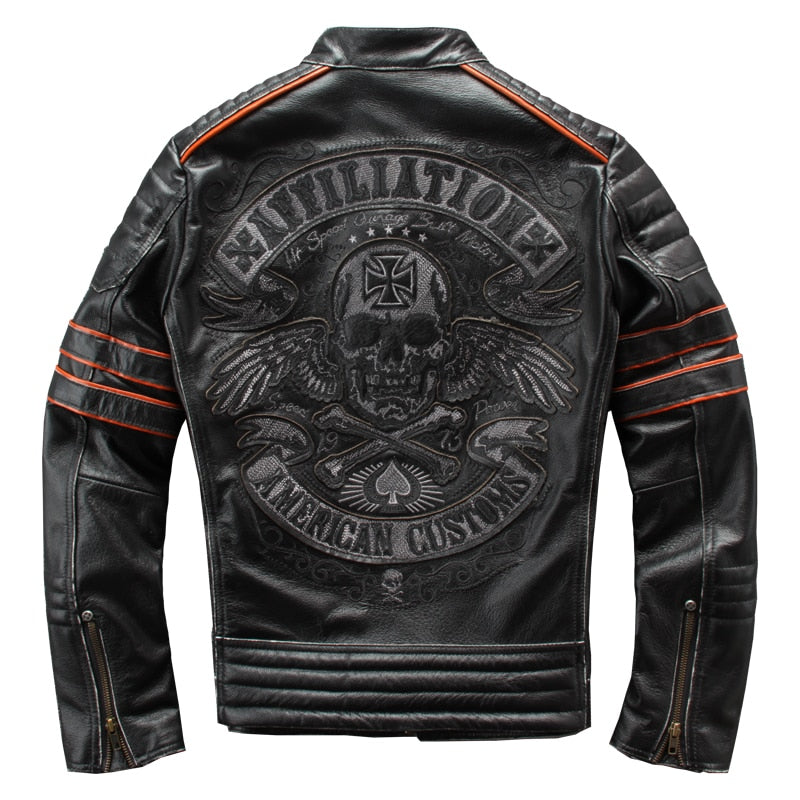 Vintage Skulls Biker Leather Jacket Plus Size 4XL Genuine Cowhide