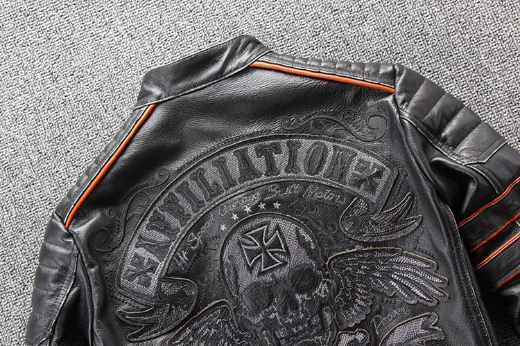 Vintage Skulls Biker Leather Jacket Plus Size 4XL Genuine Cowhide