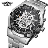 Automatic Mechanical  Skeletal Skull Watch with Steel Strap