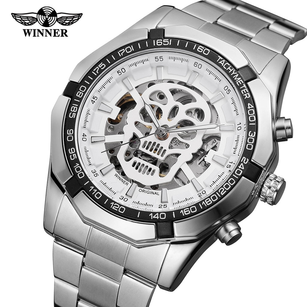 Automatic Mechanical  Skeletal Skull Watch with Steel Strap