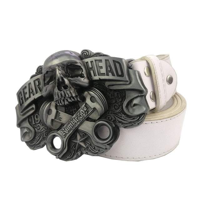 Metal Skull Head Buckle & Leather Belt for Men