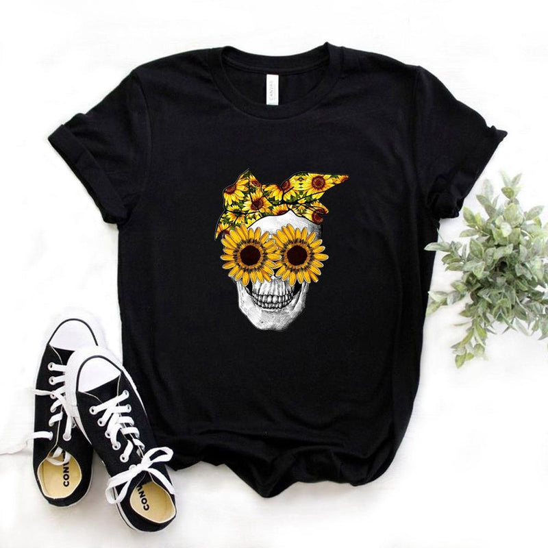 Bandana Skull Sunflower Print Women Tshirt