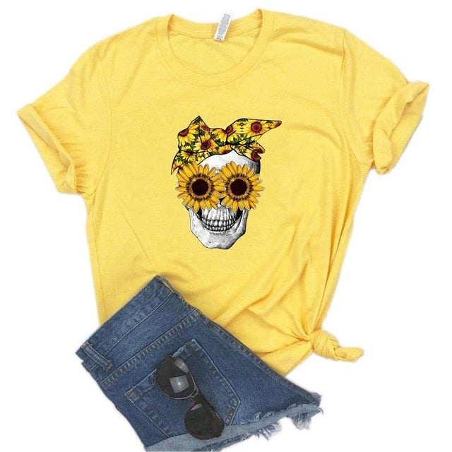 Bandana Skull Sunflower Print Women Tshirt