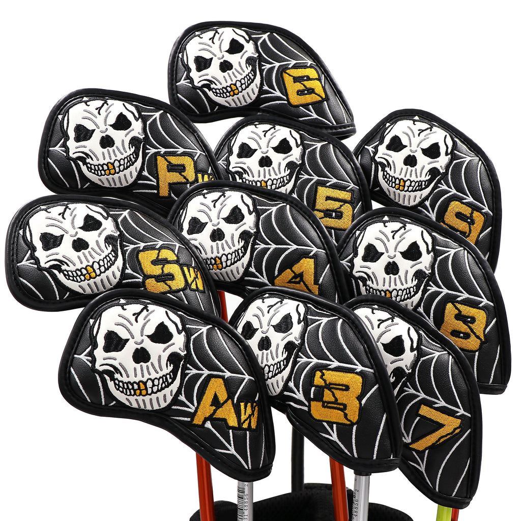 10 PCS/SET High Quality Pu Leather Golf Head Cover with Skull Emblem