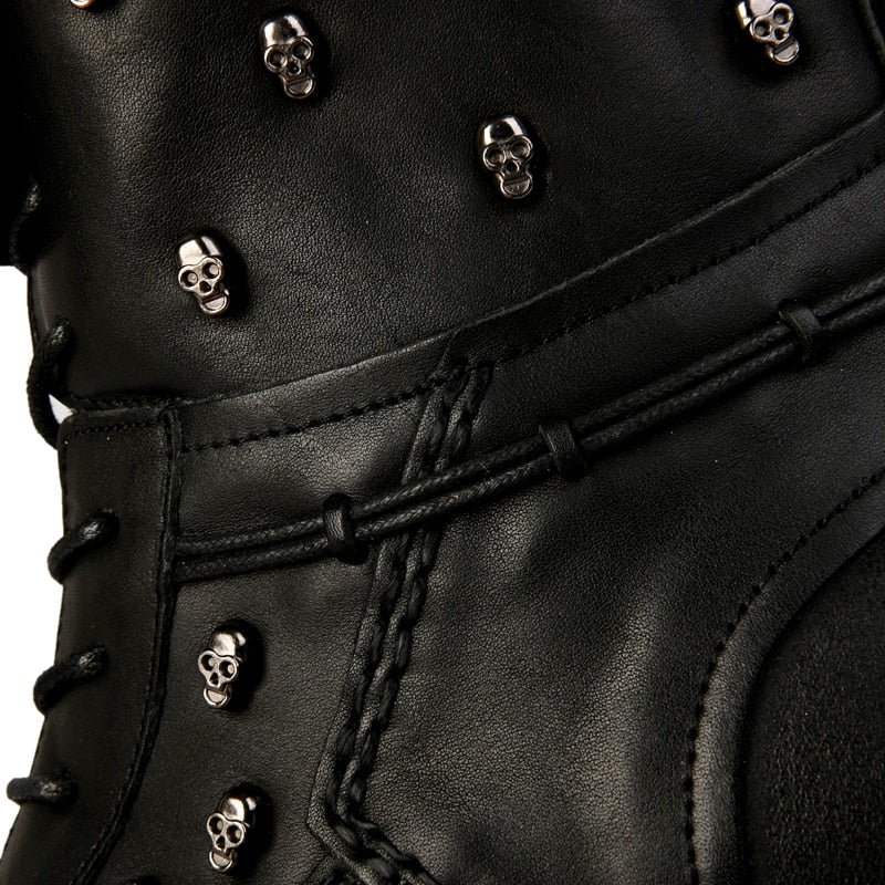 Men's Genuine  Cowhide Leather Motorcycle Boots Skull Detail Design