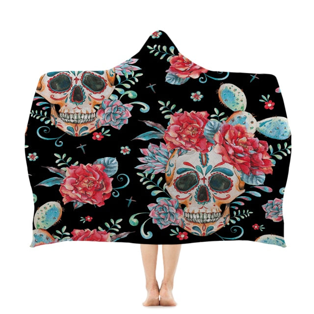 Floral Skull Hooded Towel Microfiber Winter Warmer Hooded Blanket