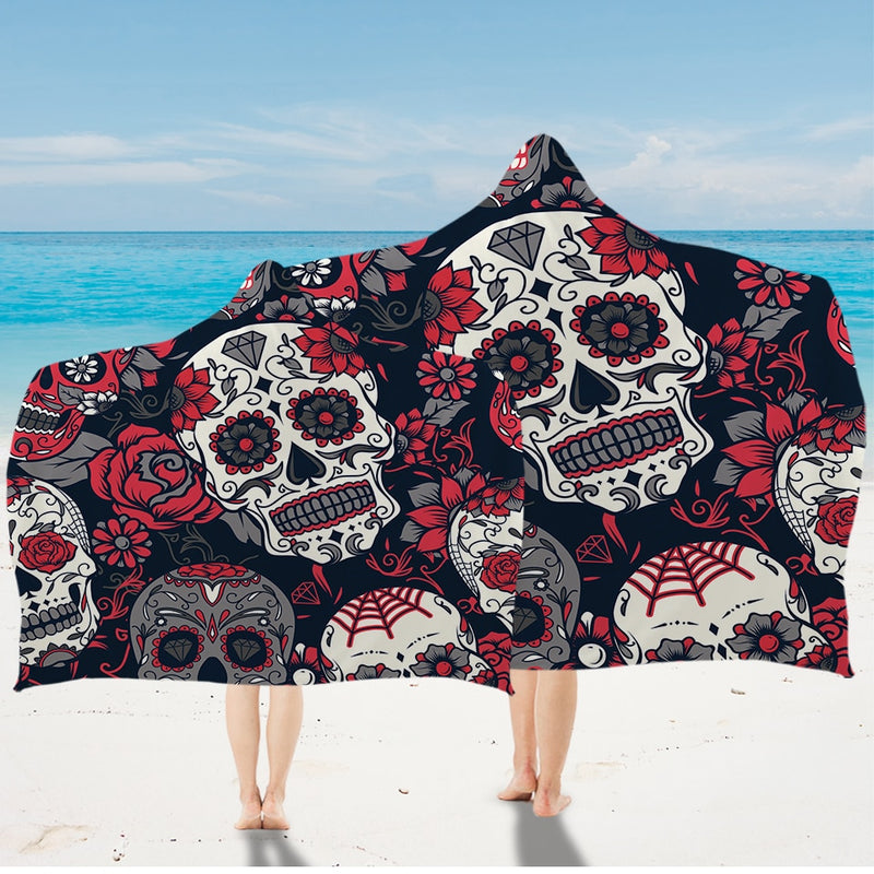 Floral Skull Hooded Towel Microfiber Winter Warmer Hooded Blanket