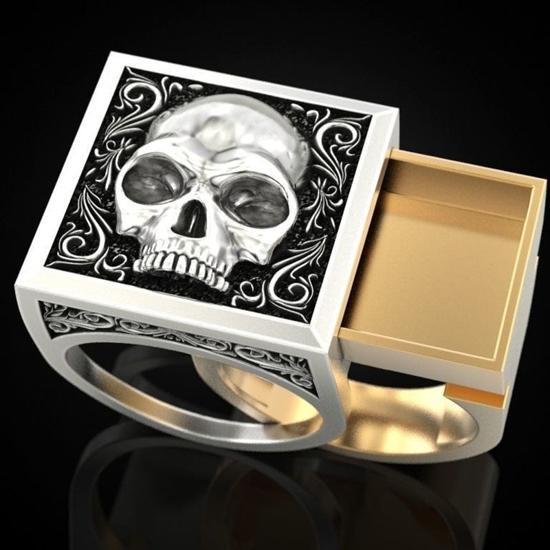 Stylish and Uniquely Designed Two-tone Punk Skull Ring Secret Compartment Men's Gift Ring Drawer Ring Coffin Ring Boutique Ring