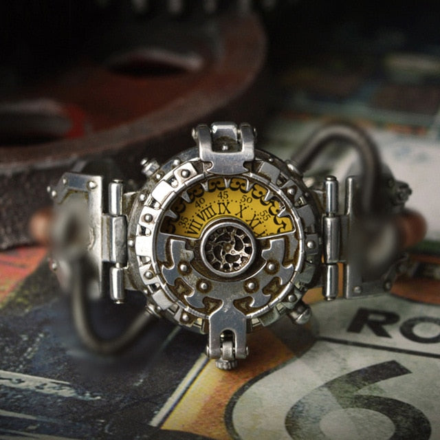 Vintage Steampunk Gothic Men's Quartz Watch Stainless Steel Flip Case