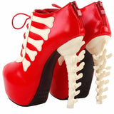 Two Tone Lace Up High-top Skull Bone Platform Ankle Boot