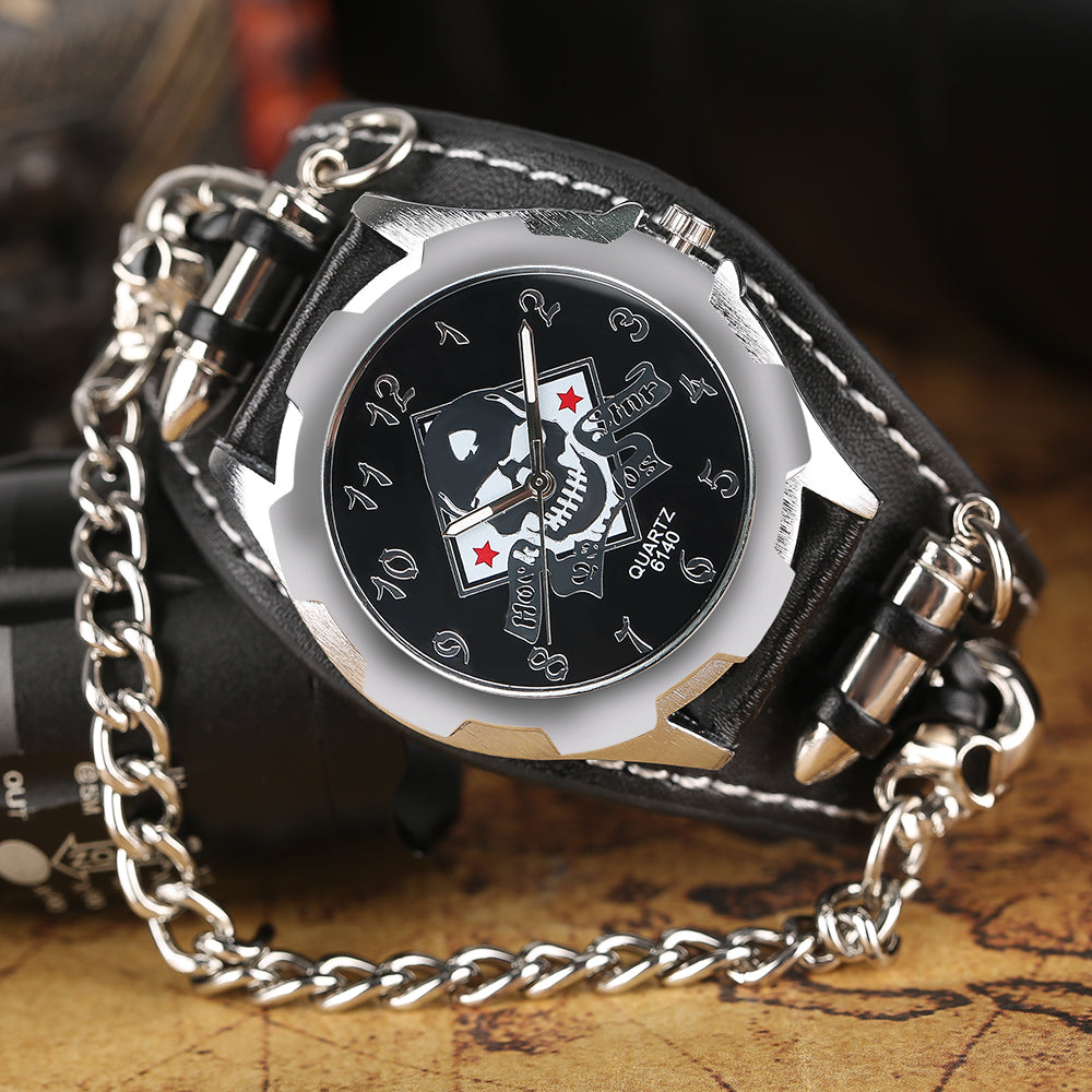 Bullet Chain Wrist Watch Skull Cuff with Steampunk Bracelet
