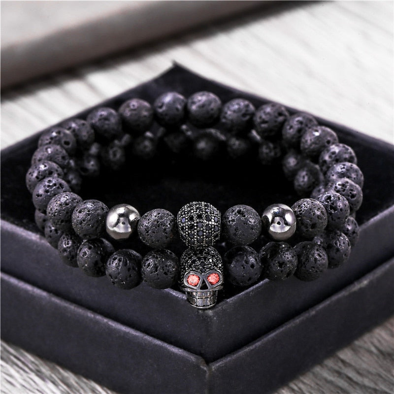 8mm Black Lava Skull & Stone Beads Bracelet Set