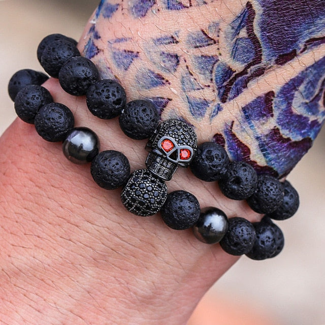 8mm Black Lava Skull & Stone Beads Bracelet Set
