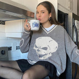 Skull Graphic Knitted Y2K Sweaters Punk Style V-neck Long Sleeve Oversized