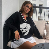 Skull Graphic Knitted Y2K Sweaters Punk Style V-neck Long Sleeve Oversized