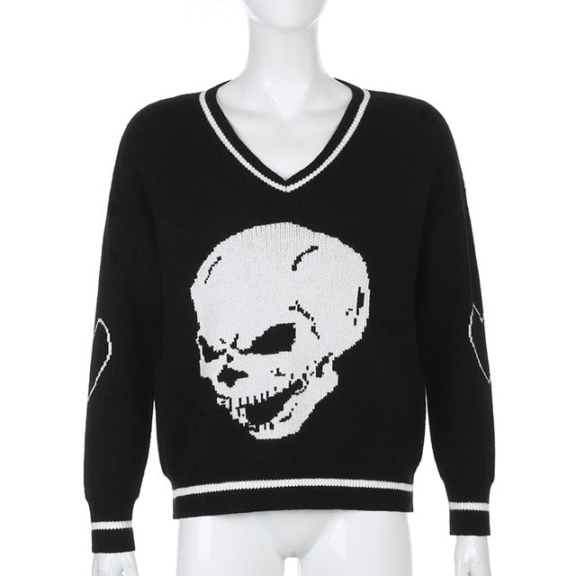 Skull Graphic Knitted Y2K Sweaters Punk Style V-neck Long Sleeve Oversized