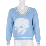 Skull Graphic Knitted Y2K Sweaters Punk Style V-neck Long Sleeve Oversized