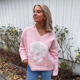 Skull Graphic Knitted Y2K Sweaters Punk Style V-neck Long Sleeve Oversized