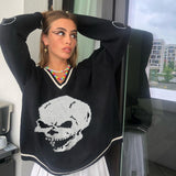 Skull Graphic Knitted Y2K Sweaters Punk Style V-neck Long Sleeve Oversized
