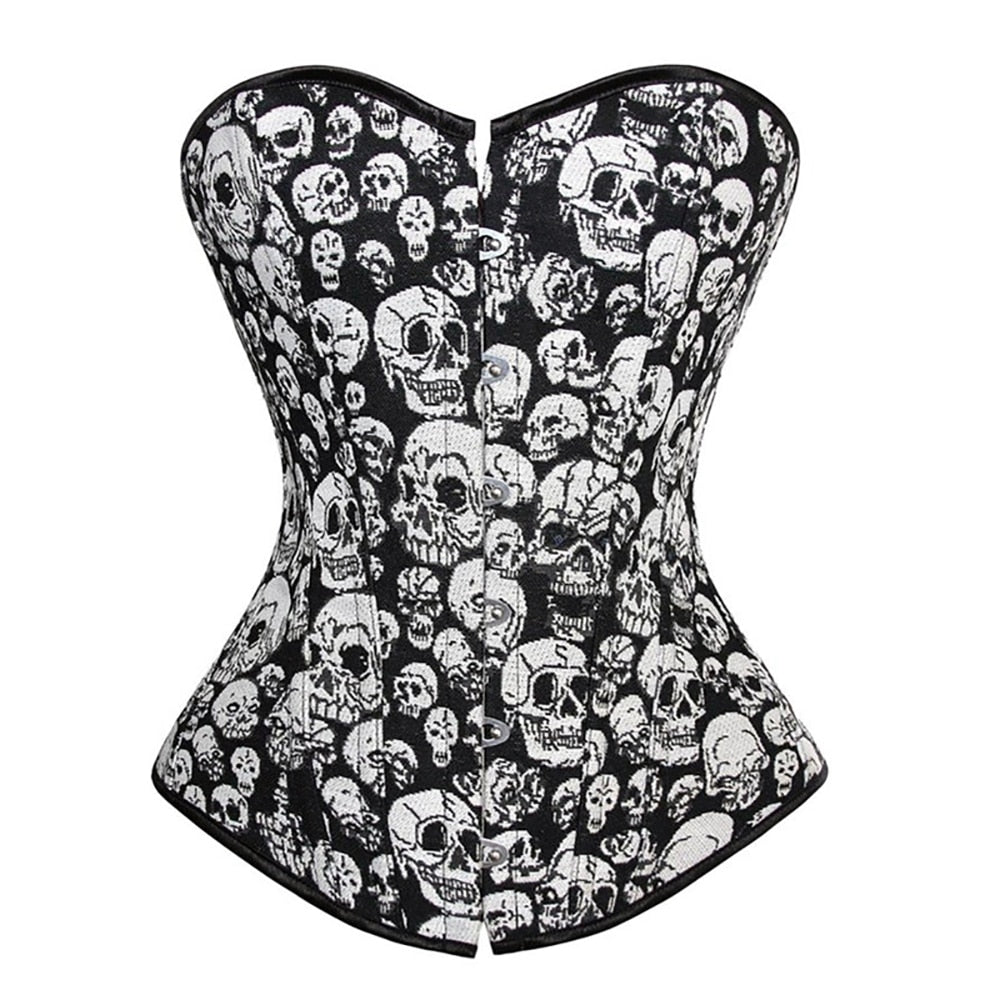 Women's Gothic Skull Printed Boned Lace up Corset Bustier Plus