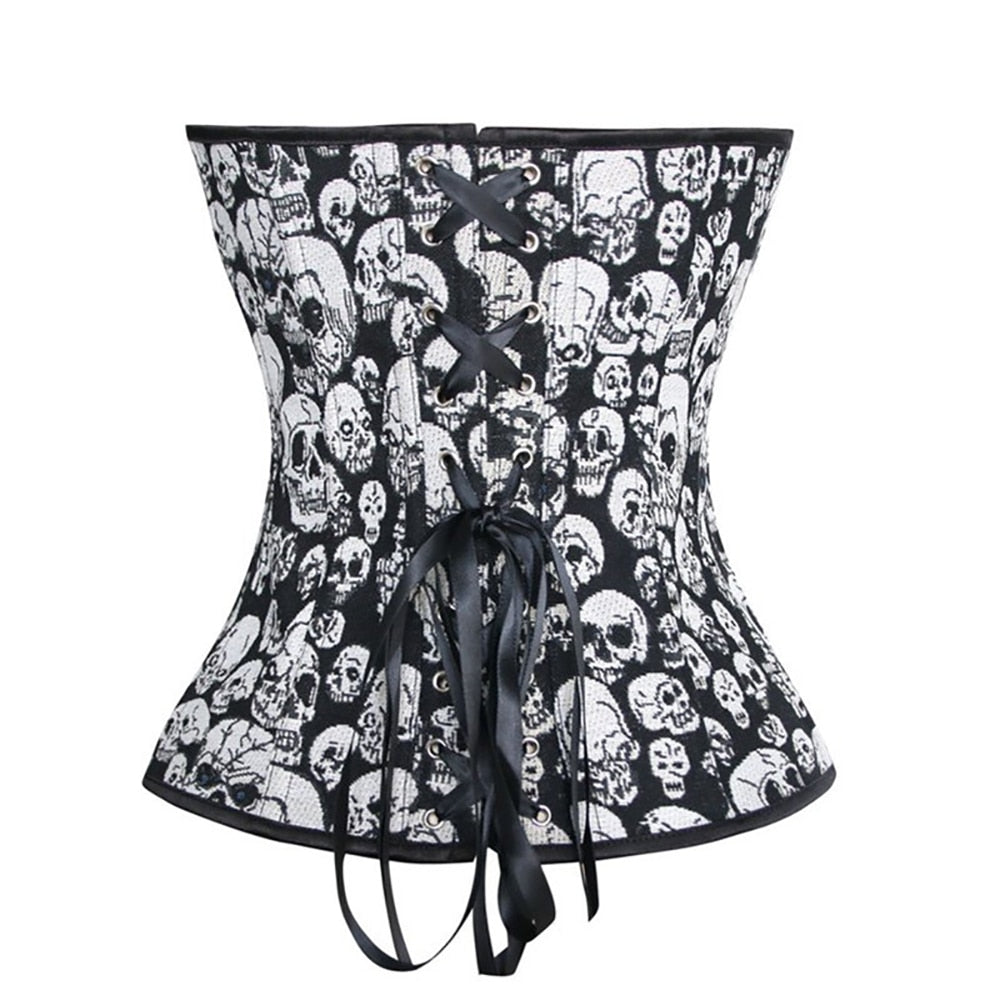 Women's Gothic Skull Printed Boned Lace up Corset Bustier Plus Size S-6XL