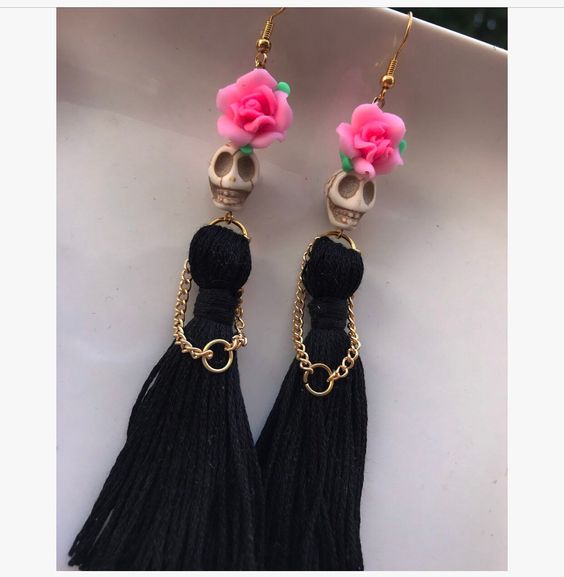 Gothic Skulls with Black Long Tassels Dangle Earrings