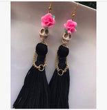 Gothic Skulls with Black Long Tassels Dangle Earrings