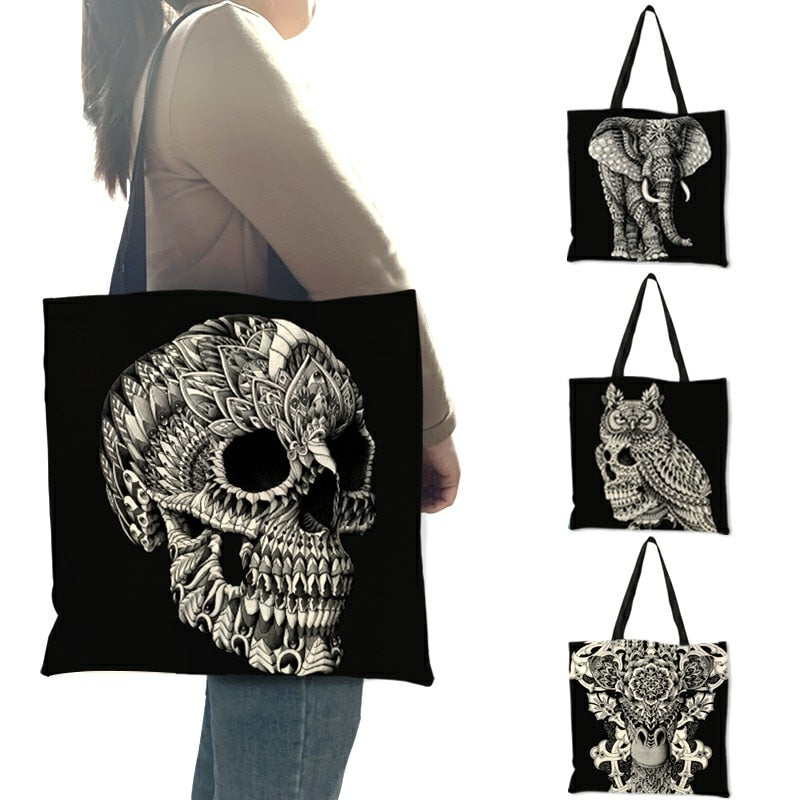 Black Tattoo Print Tote Bags Skull  Bulldog Design