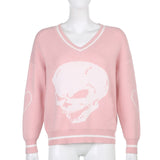 Skull Graphic Knitted Y2K Sweaters Punk Style V-neck Long Sleeve Oversized