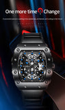 Men's Sports Watch Rubber Strap Square Skeleton Waterproof Clock