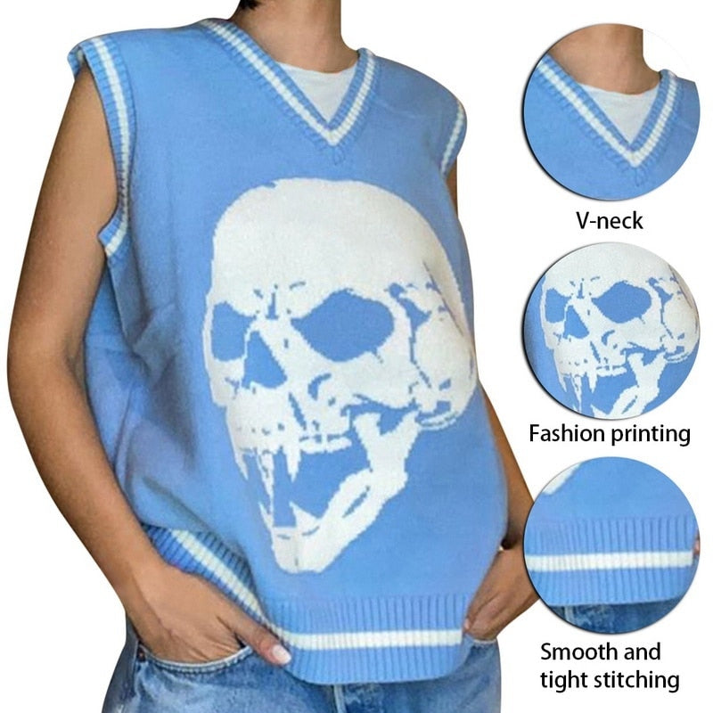 V Neck Knitted Women's  Skull Vest
