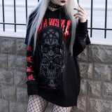 Skull Print Women's Longline Hooded Black Sweatshirt