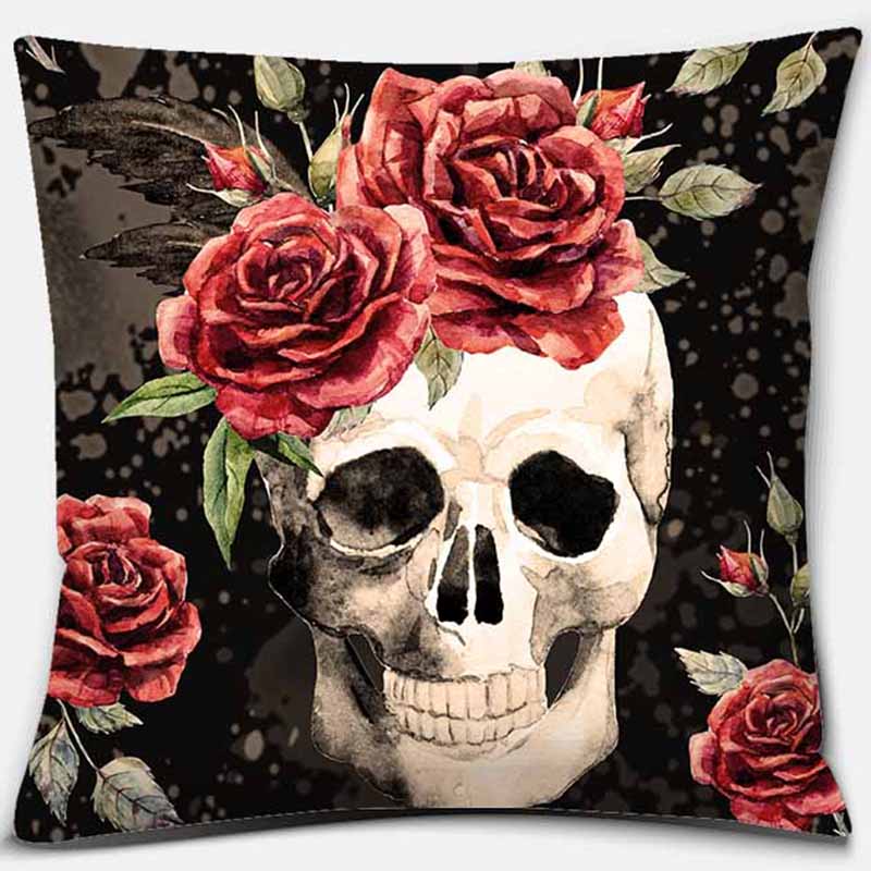Red Rose Sugar Skull Flower Cushion Cover (45cm-45cm)