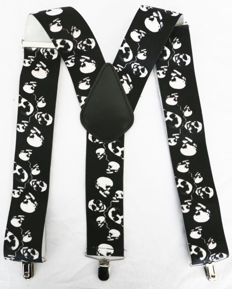 Mens 50mm Wide Black Y Back 3 Clips Skull Heavy Duty Suspenders Braces